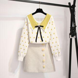 Set: Dotted Sweater + Button A-line Skirt
