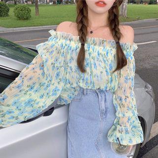 Balloon-sleeve Off-shoulder Floral Blouse