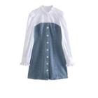Long-sleeve Mock-neck Denim Mini A-line Dress