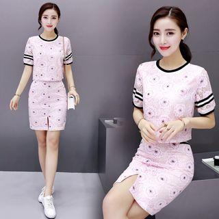 Set: Short-sleeve Lace Top + Fitted Mini Skirt