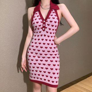 Halter-neck Heart Polo Knit Mini Dress
