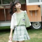 Elbow-sleeve Cartoon Print Two-tone T-shirt / Plaid Mini A-line Skirt / Set