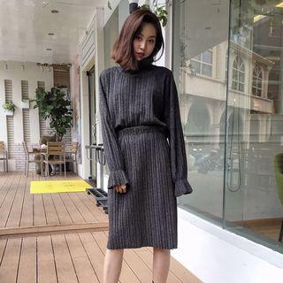 Set: High-neck Long-sleeve Top + Midi Skirt