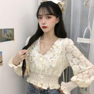 Flared-cuff Peter Pan-collar Lace Cropped Blouse
