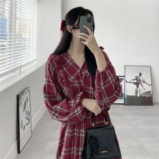 V-neck Ruffle Trim Plaid Midi A-line Dress