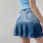 Fringed Trim Denim Mini Pleated Skirt
