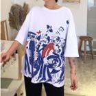 3/4-sleeve Printed T-shirt White - One Size