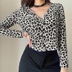 Long-sleeve Buttoned Leopard Print Top White - One Size