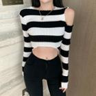 Cold-shoulder Striped Cropped Knit Top Stripes - Black & White - One Size