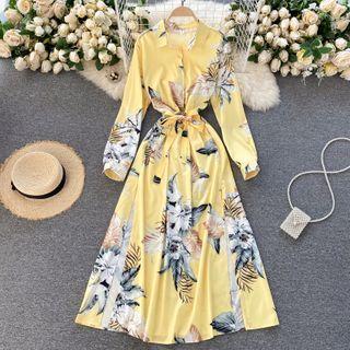 Long-sleeve Collared Floral Midi A-line Dress