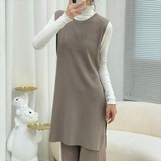 Set: Sleeveless Plain Lace-up Side-slit Top + High-waist Wide-leg Pants