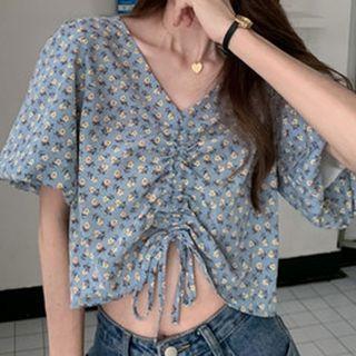 Elbow-sleeve Drawstring Floral Print Blouse