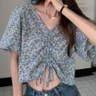 Elbow-sleeve Drawstring Floral Print Blouse