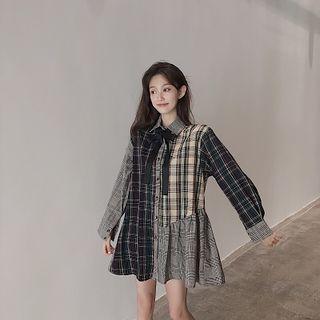 Long-sleeve Paneled Plaid Mini Shirt Dress As Shown In Figure - One Size