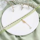 Faux Pearl Leaf Pendant Lace Choker Green - One Size