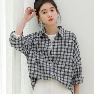 Long Sleeve Plaid Boyfriend Shirt Black & White - One Size
