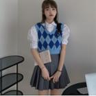 Puff-sleeve Shirt / Argyle Print Knit Vest / A-line Skirt