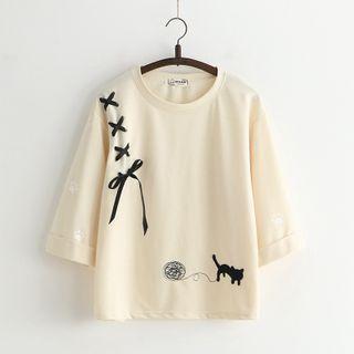 Elbow-sleeve Cat Print Lace-up T-shirt