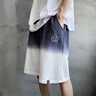 Smiley Face Embroidered Gradient Straight-cut Shorts