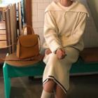Set: Long-sleeve Contrast Trim Wide Collar Knit Top + Midi Skirt