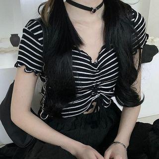 Short-sleeve Striped Drawstring T-shirt Stripes - Black - One Size