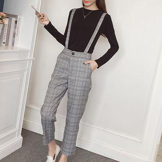 Set: Plain Long-sleeve T-shirt + Plaid Suspender Pants