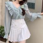 Ruffle Blouse / Mini A-line Pleated Skirt
