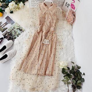 Long-sleeve Dotted Mesh Midi Collared Dress Almond - One Size