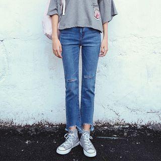 Fray-hem Washed Distressed Cropped Jeans