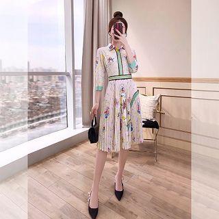 3/4-sleeve Printed A-line Pleated Dress