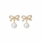 Bow Rhinestone Faux Pearl Alloy Dangle Earring E1740-16 - 1 Pair - White Faux Pearl - Gold - One Size