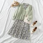 Plain V-neck Loose-fit Cardigan / Floral Long-sleeve Dress