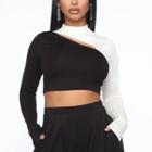 Long Sleeve Color-block Cut-out Cropped Top
