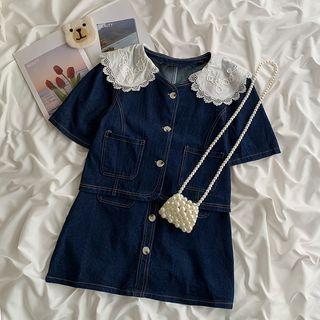 Elbow-sleeve Collar Denim Top / Mini A-line Skirt / Set