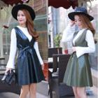 Set: Long-sleeve T-shirt + Faux Leather A-line Dress