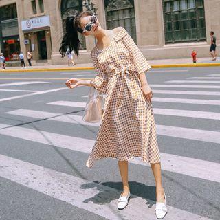 Plaid Off Shoulder 3/4 Sleeve Midi Dress