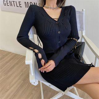 Long-sleeve V-neck Mini Knit Sheath Dress