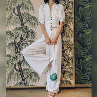 Set: Short-sleeve V-neck Button Top + Wide-leg Pants As Shown In Figure - S