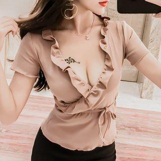Short-sleeve Ruffle-trim Tie-waist Top