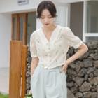 Short-sleeve V-neck Floral Embroidered Cropped Blouse