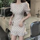 Dotted Puff-sleeve Ruffle-trim Dress