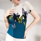 Short-sleeve Mock-neck Butterfly Print Top