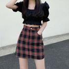 Ruffle Trim Puff-sleeve Cropped Blouse / Plaid Mini A-line Skirt