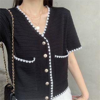 Crochet Trim Short-sleeve Knit Cardigan
