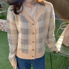 V-neck Checked Cardigan Beige - One Size