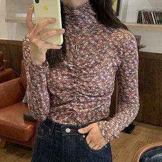 Long-sleeve Turtle-neck Floral T-shirt As Shown In Figure - One Size