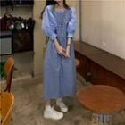 Elbow-sleeve Top / Plaid Midi Overall Dress