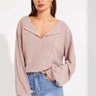 V-neck Balloon-sleeve Ribbed Top