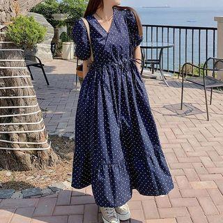 Puff-sleeve V-neck Dotted A-line Maxi Dress