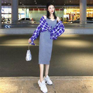 Plaid Shirt / Plain Sleeveless Midi Knit Dress